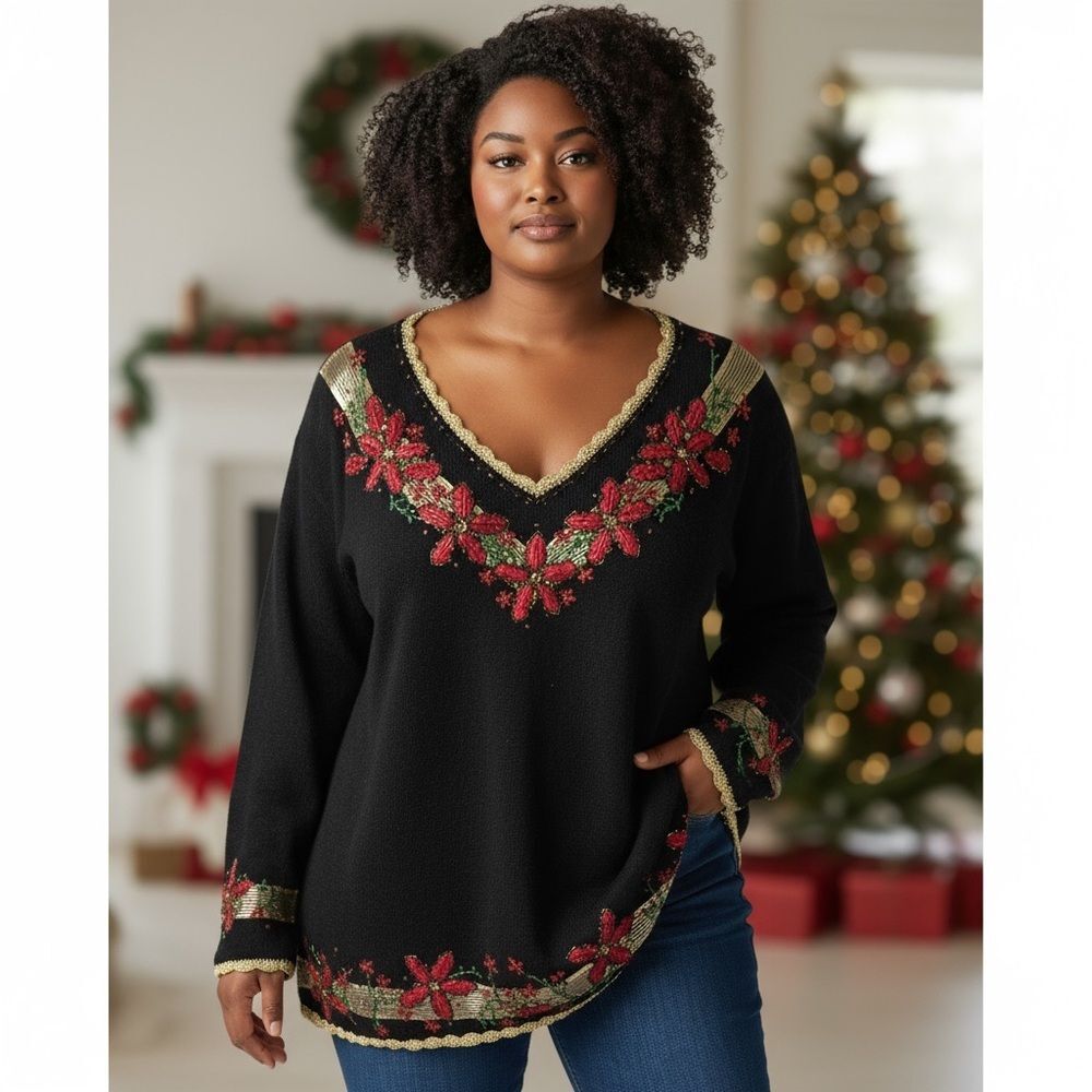 Vintage Designers Original Studio Joy Womens 2XL Christmas Sweater Poinsettia